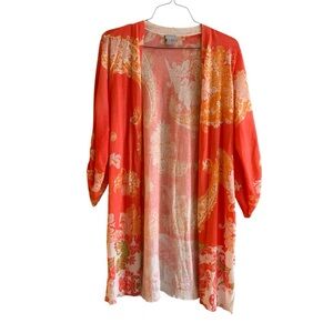 Chico’s Coastal Calypso Paisley Duster Womens Sz 2 (L)Cardigan Coral Casual Cozy